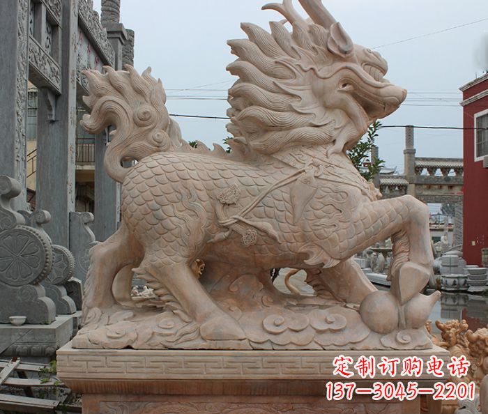 石狮晚霞红古代神兽麒麟石雕
