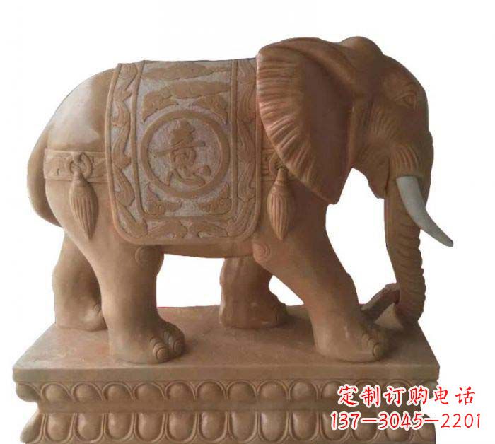 石狮晚霞红吉祥如意大象石雕 (2)