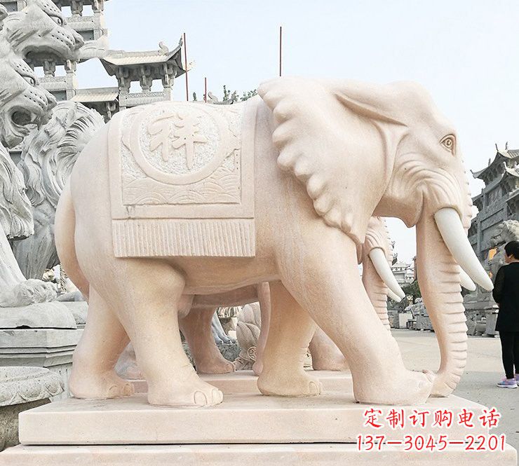 石狮晚霞红吉祥如意大象石雕