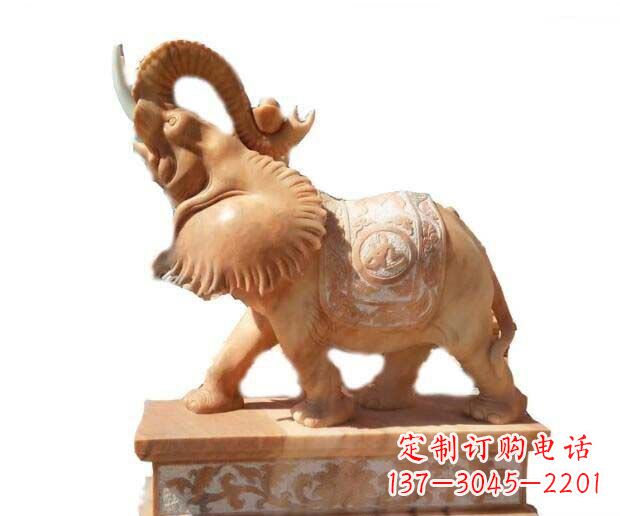 石狮晚霞红吉祥如意象鼻朝天的大象石雕