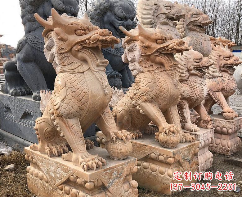 石狮晚霞红麒麟石雕 (2)