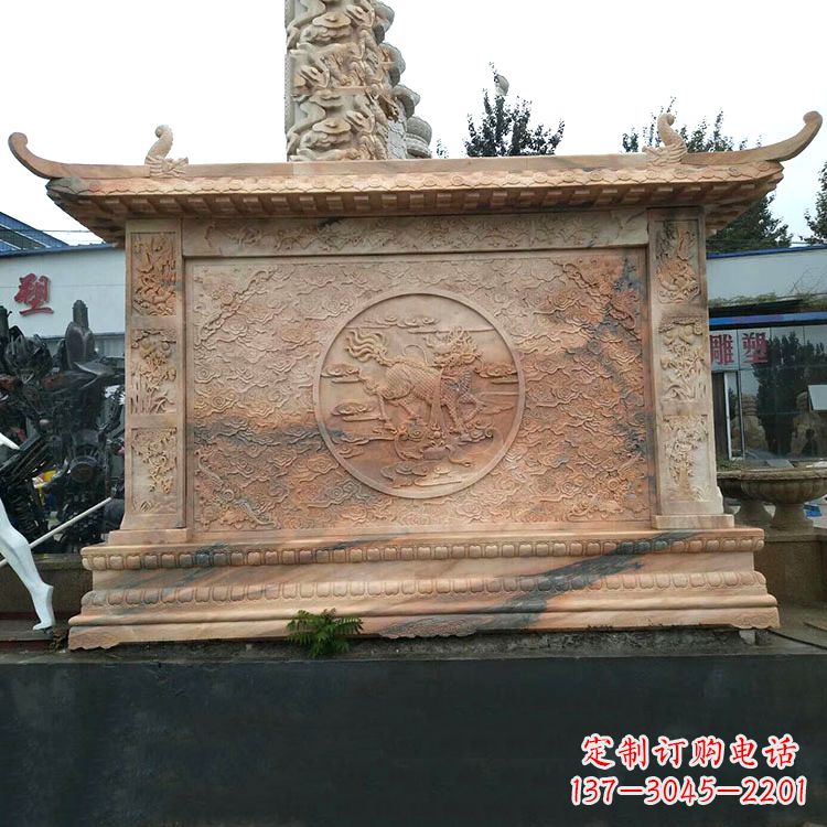 石狮晚霞红麒麟影壁墙石雕