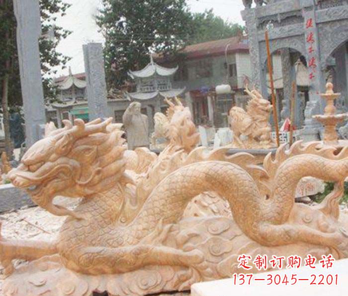 石狮晚霞红生肖龙石雕
