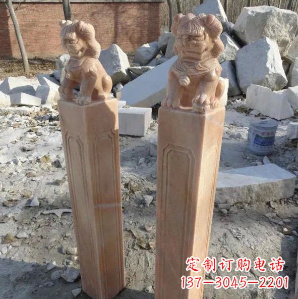 石狮晚霞红狮子拴马桩