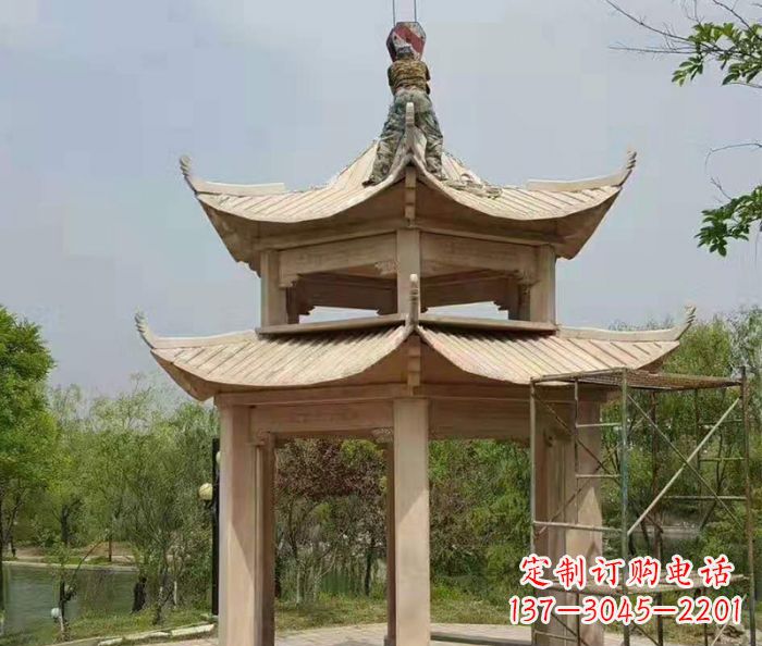 石狮晚霞红双层凉亭石雕 (2)