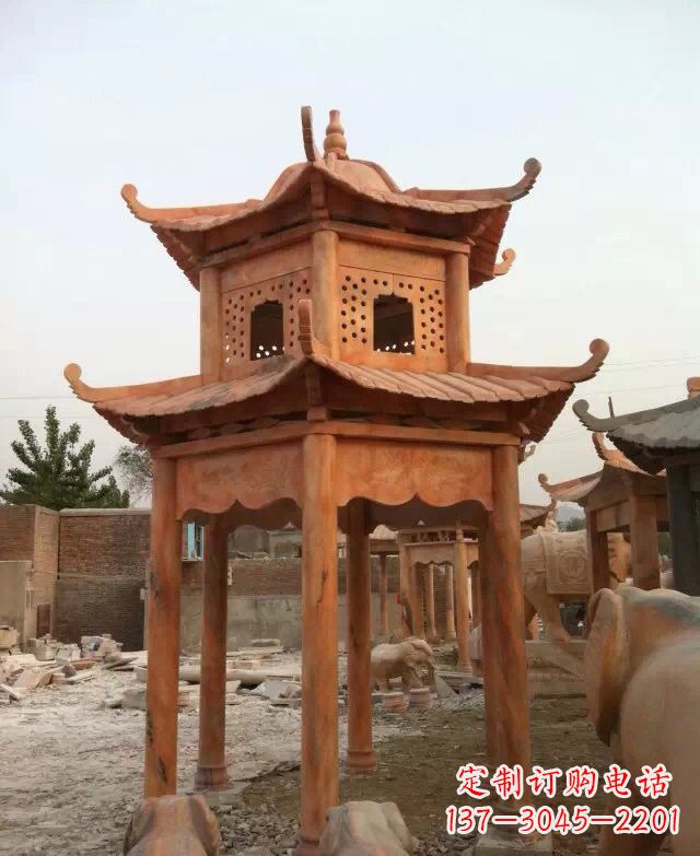 石狮晚霞红双层凉亭石雕