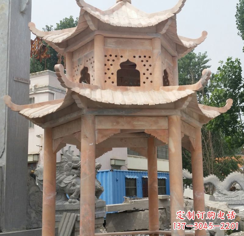 石狮晚霞红双层六角凉亭石雕 (2)