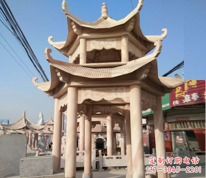 石狮晚霞红双层六角凉亭石雕 (3)