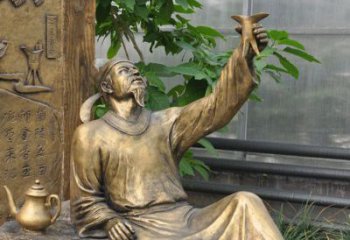 石狮象征文学大师李白的铜雕像