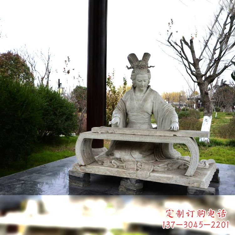 石狮虞姬弹琴雕塑-公园古代人物著名美女情景雕塑