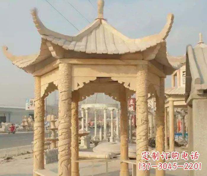 石狮园林景观晚霞红六角石雕凉亭 (3)