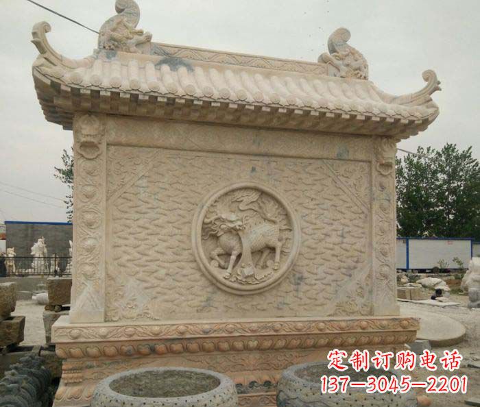 石狮园林景观晚霞红石雕影壁