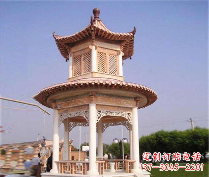 石狮园林景观晚霞红双层石雕凉亭 (4)