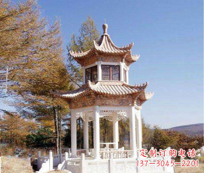 石狮园林景观晚霞红双层石雕凉亭 (3)