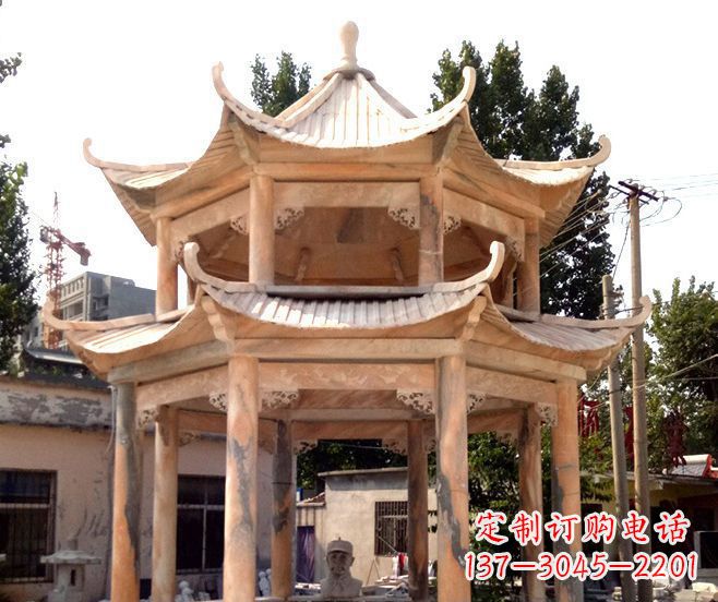 石狮园林景观晚霞红双层石雕凉亭