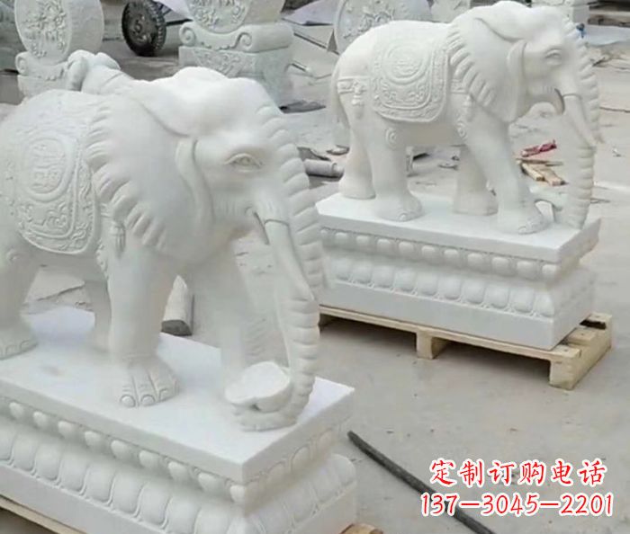 石狮招财动物汉白玉大象石雕 (2)