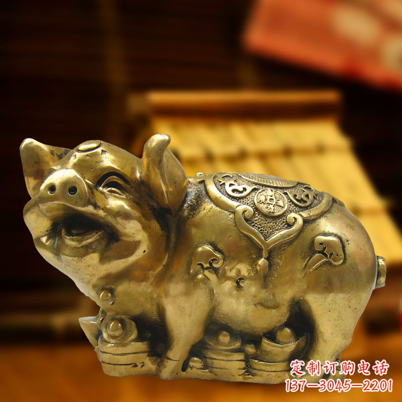 石狮招财金猪铜雕-风水生肖动物雕塑企业商场美陈摆件
