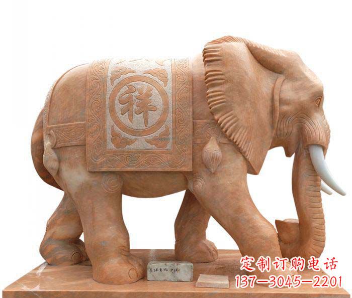 石狮招财进宝吉祥如意晚霞红门口大象石雕