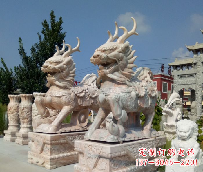 石狮招财神兽晚霞红石雕麒麟