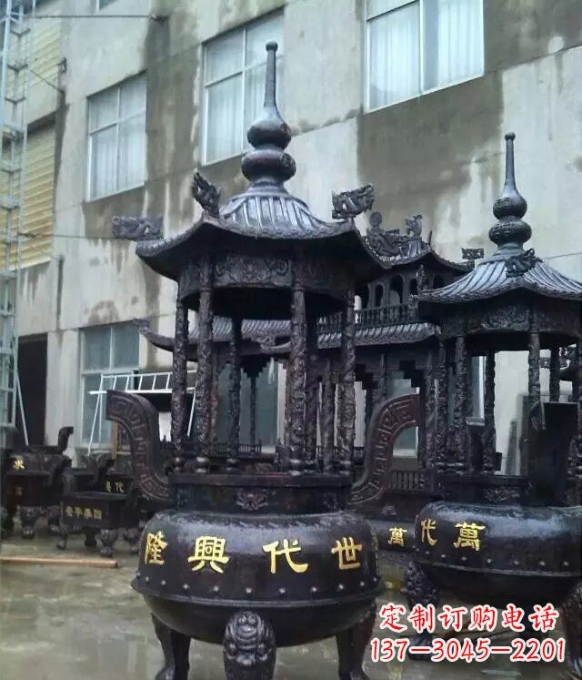 石狮铸铜寺庙香炉铜雕 (3)