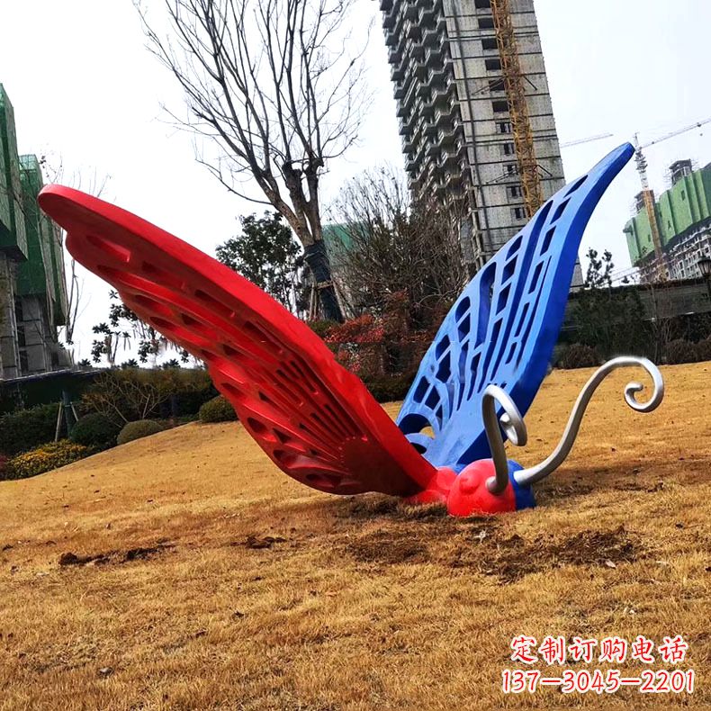 石狮蝴蝶雕塑-不锈钢彩绘门口蝴蝶雕塑